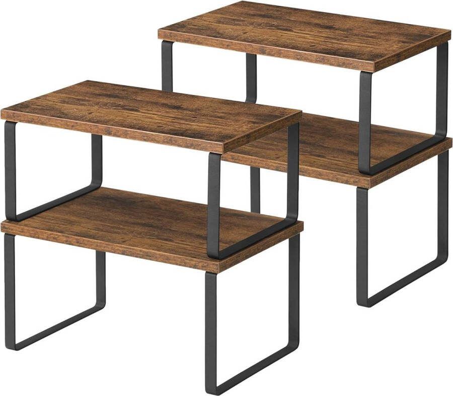 Kruidenrekjes set van 4 Keukenplanken Uitzetbare keukenopbergers Stapelbaar Metaal en spaanplaat Legbordinzet Keukenkastje Vintage Bruin-zwart Keukenkast organizer