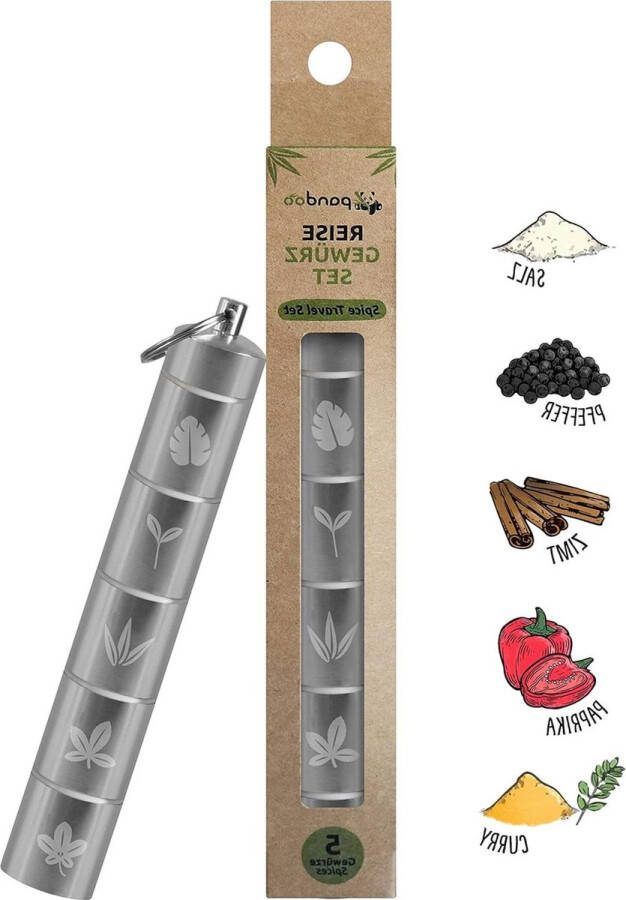 Kruidenset voor reizen en picknick 5-in-1 mini camping kruidenstrooier waterdicht aluminium kruidenpotjes incl. 5 specerijen zilver Kruidenpotjes