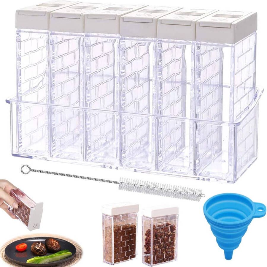 Kruidenstrooier Camping Kruidenbox Plastic Kruidenpotjes met Trechter Borstel voor Opslag Keuken Zout Peperstrooier Kruiden Keukenkruiden (Set van 8) Wit