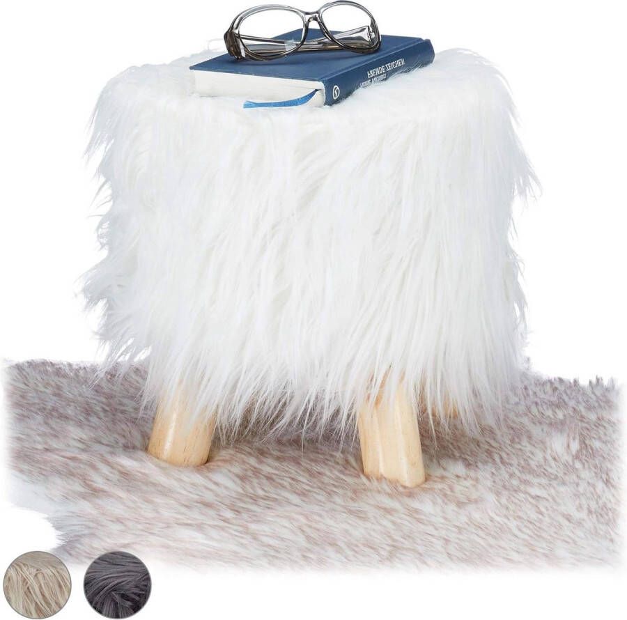 Krukje met vacht en houten pootjes gepolsterd kunstvel decoratieve hocker 31x31cm wit