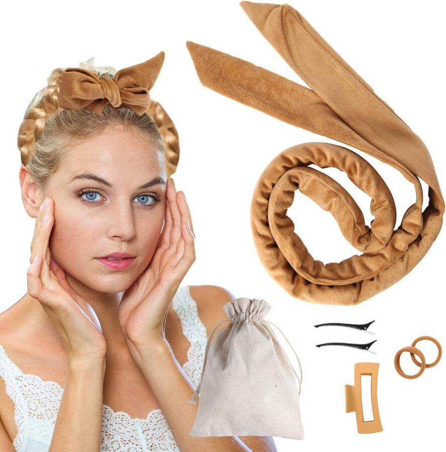Krullen zonder hitte krullen 's nachts heatless curls band met 2 stuks haarspelden doe-het-zelf haarkrultang haarkrullers 's nachts voor gemiddeld lang haar (kaki)