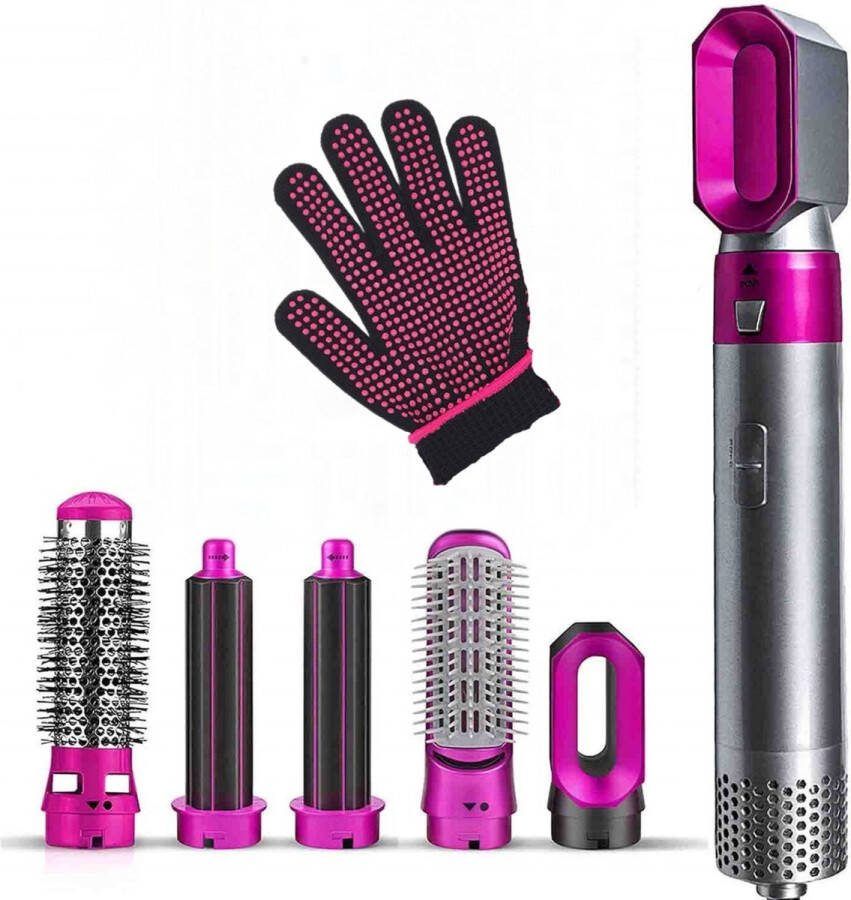 Krultang 5 in 1 Roze Grijs Krultang Fohnborstel Stijltang Multistyler Airstyler Haarborstel Inclusief Handschoen