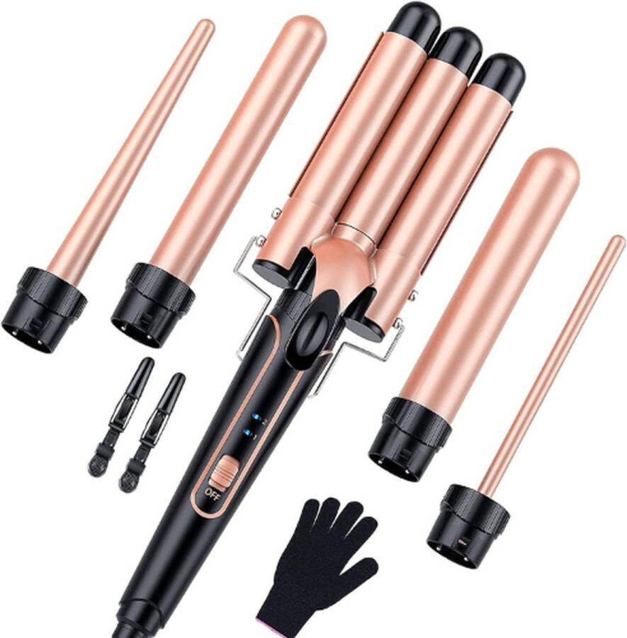Krultangset 5in1 Golvend Krultang Meerdere opzetstukken 9mm 32mm Roze Goud