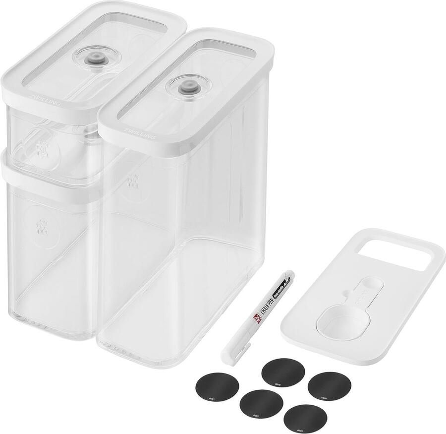 Kubusset maat M 5-delige opbergset inclusief 3x kubusopbergdozen (M 2M 3M) maatlepels (3 maten) 5x NFC-labels 1x krijtstift