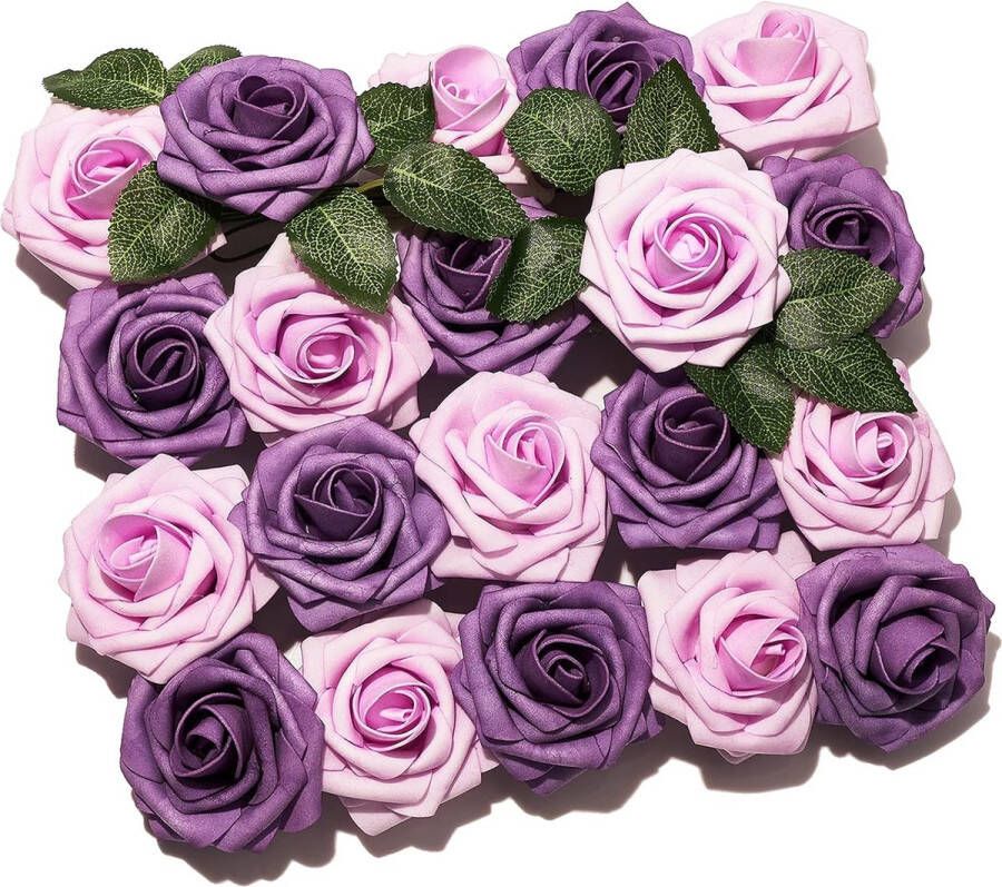 Kunstbloemen 20 stuks kunstrozen met stengels paarse nepbloemen schuimbloemen rozen kunstbloemen bloemen voor decoratie bruiloftsdecoratie kamerdecoratie (paars)