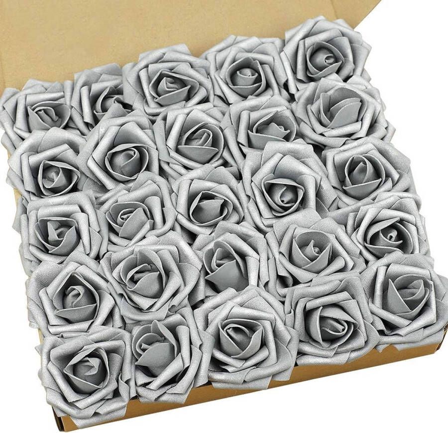 Kunstbloemen kunstroos 25 stuks echte aanraking nepschuimroos met stengel voor doe-het-zelf bruiloften bruidsboeketten feest thuis kamerdecoraties (zilvergrijs)