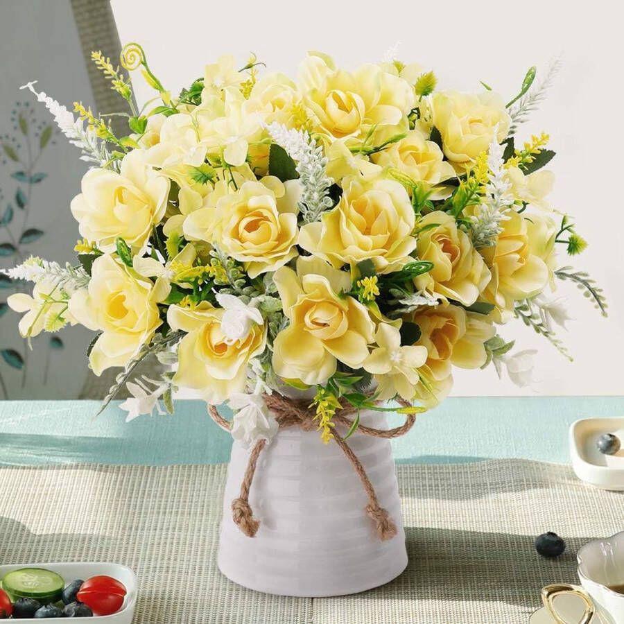 Kunstbloemen met vaas kunstzijden bloemen in vaas Gardenia bloemen decoratie voor thuis tafel kantoor feest (champagne)
