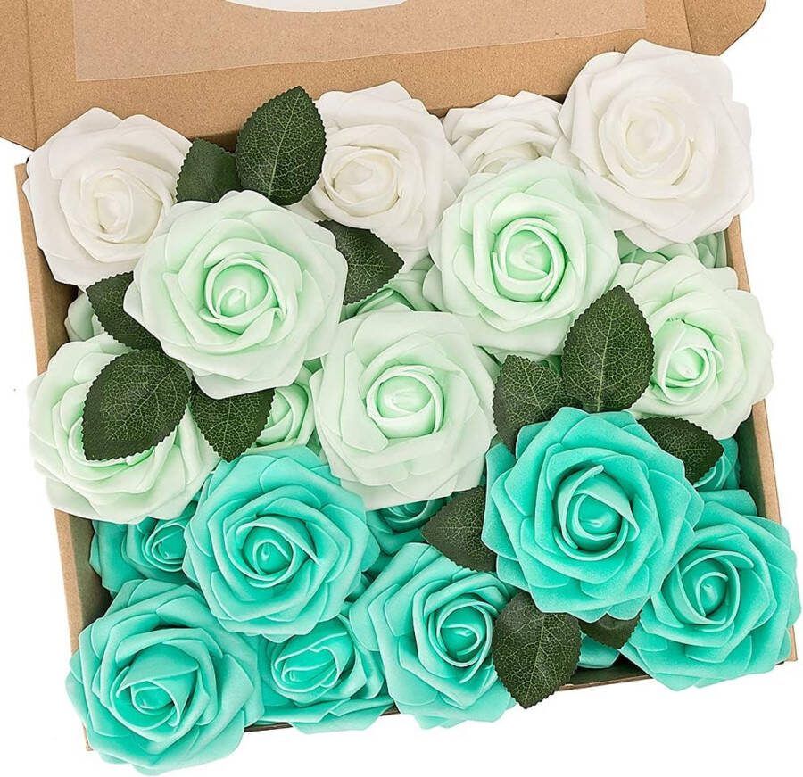 Kunstbloemen rozen 25 stuks decoratieve bloemen neprozen met stelen doe-het-zelf bruidsmeisjes bruidsboeketten Valentijnsdag Moederdag bruiloftsfeest babyshower woondecoratie gemengd groen