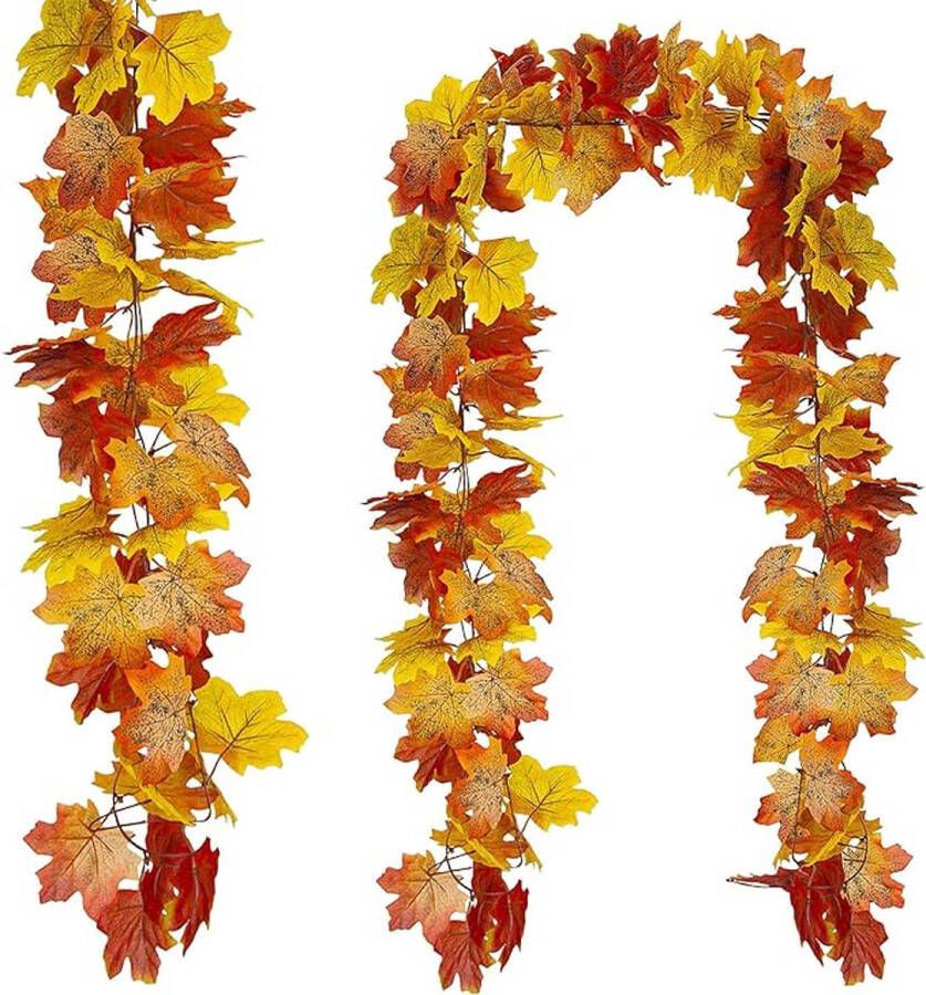 Kunstmatige Herfst Maple Bladkransen 2x stuks Nep Hangende Herfst Bladeren Slinger Decoratie Realistische Herfst Foliage Krans Decor voor Kamer en Tuin Muur Esthetische Binnen Buiten Mix