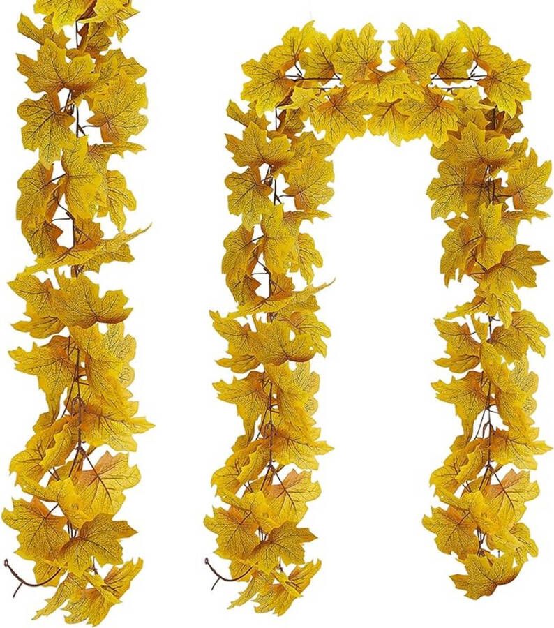 Kunstmatige Herfst Maple Bladkransen 2x stuks Nep Hangende Herfst Bladeren Slinger Decoratie Realistische Herfst Foliage Krans Decor voor Kamer en Tuin Muur Esthetische Binnen Buiten Geel