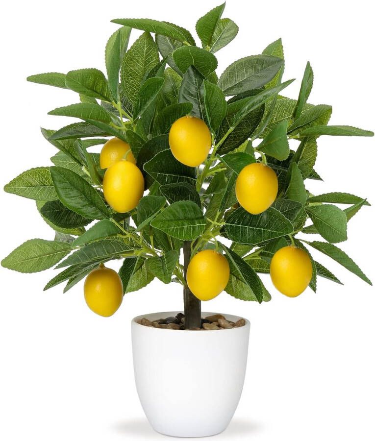Kunstmatige plantendecoratie citroenboom 40 cm plastic plant in pot wit kunstplanten zoals echte kamerplanten kunstmatig met citroentak en citroenfruit voor woondecoratie woonkamer keuken