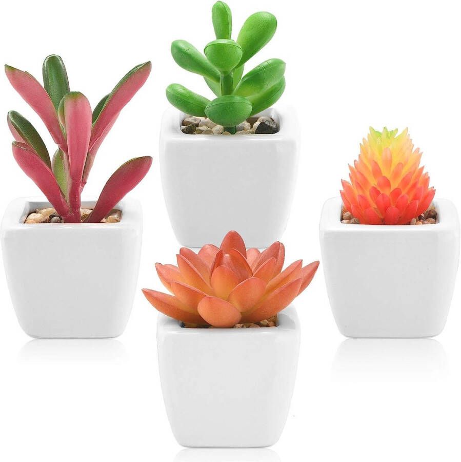 Kunstmatige Vetplanten Mini Planten Kleine Potten in Keramische Potten Home Keuken Bureau Plank Decoratie Set van 4 (Groen en Rood Witte Keramische Potten)