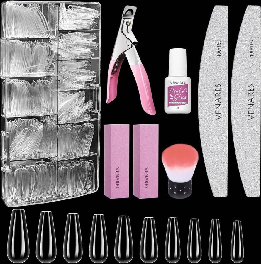 Kunstnagels 500 STUKS Ballerina valse nagels Lange kist kunstnagels Acryl nagel tips met Nagelvijlen Nagelbufferblok Nagelborstel Nagelsnijder Nagel lijm