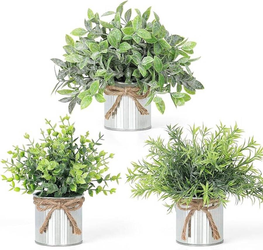 Kunstplanten 3 stuks kunstplanten metaal potplanten groene decoratie planten in wit potten decoratie kleine planten eucalyptus voor thuis slaapkamer keuken woonkamer balkon