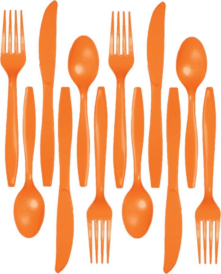 Kunststof bestek party bbq setje 96x delig oranje messen vorken lepels herbruikbaar