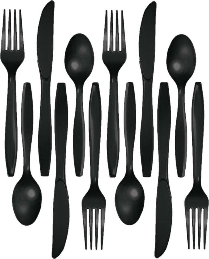 Kunststof bestek party bbq setje 96x delig zwart messen vorken lepels herbruikbaar