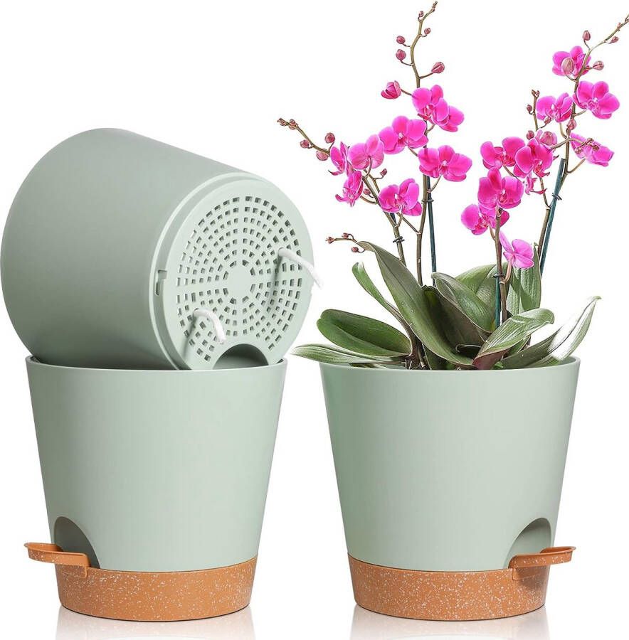 Kunststof bloempot met bewateringssysteem set van 3 zelfbewaterende potten met onderzetter ronde kruidenpot voor binnen en balkon tuin planten vetplanten cactus bloempot groen