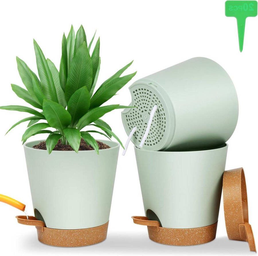 Kunststof Bloempot Zelfbewaterend Set van 3 Plantenpot met Schotel 165 * 17cm Inclusief 20 Plantenetiketten Voor Kamer en Balkonplanten