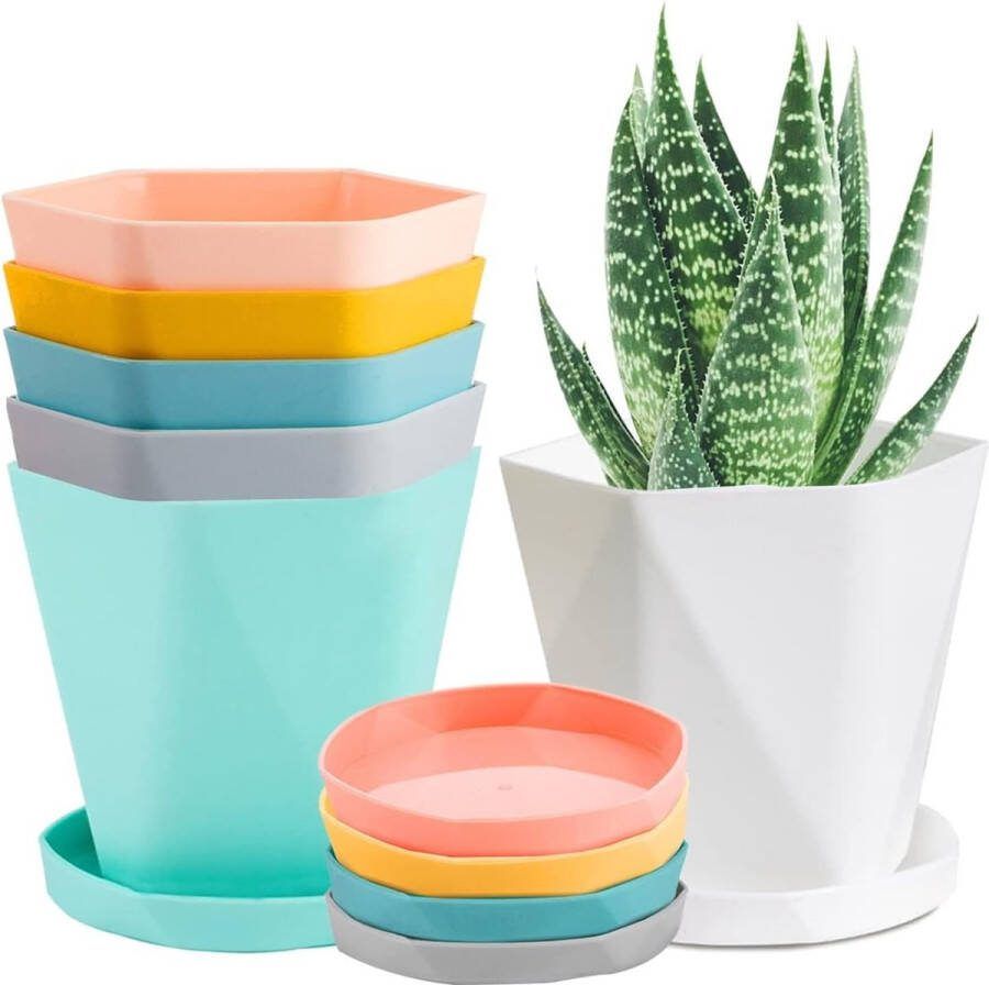 Kunststof bloempotten 13 cm kleurrijke bloempot zaailingplant met wortelcontrole tuinpotten in Scandinavische stijl met schotel voor bloemen kruiden vetplanten cactussen (6 kleuren)