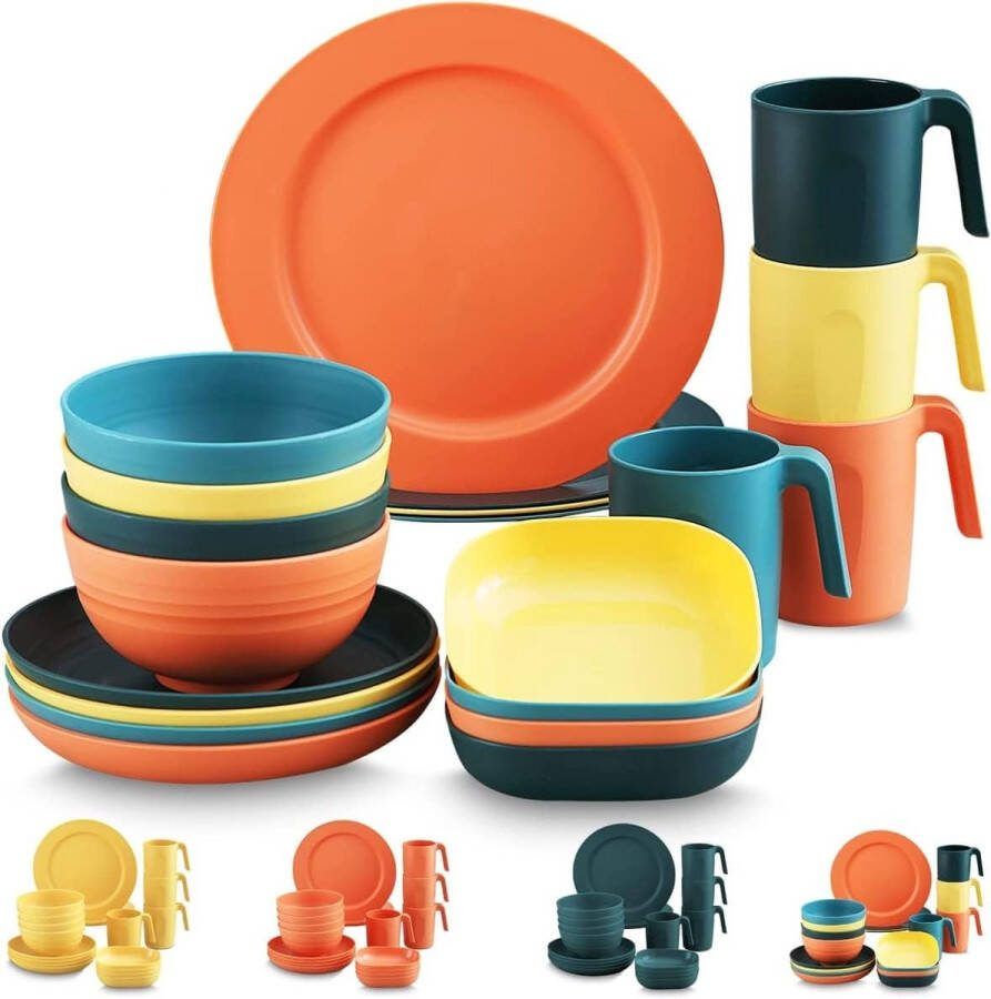 Kunststof serviesset 20 stuks onbreekbare lichte bordenset bekerschalen campingservies gemakkelijk te dragen en te reinigen vaatwasmachinebestendig geschikt voor 4 stuks