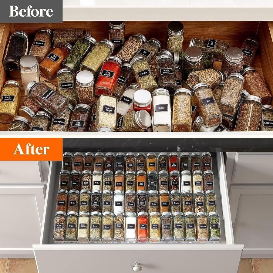 Kunststof Verstelbare Kruidenreklade voor Lade Organisatie 64 Kruidenpotten Organizer voor Keuken Ruimte Aanrecht Kast Plank 4 Lagen Set van 8 Doorzichtig