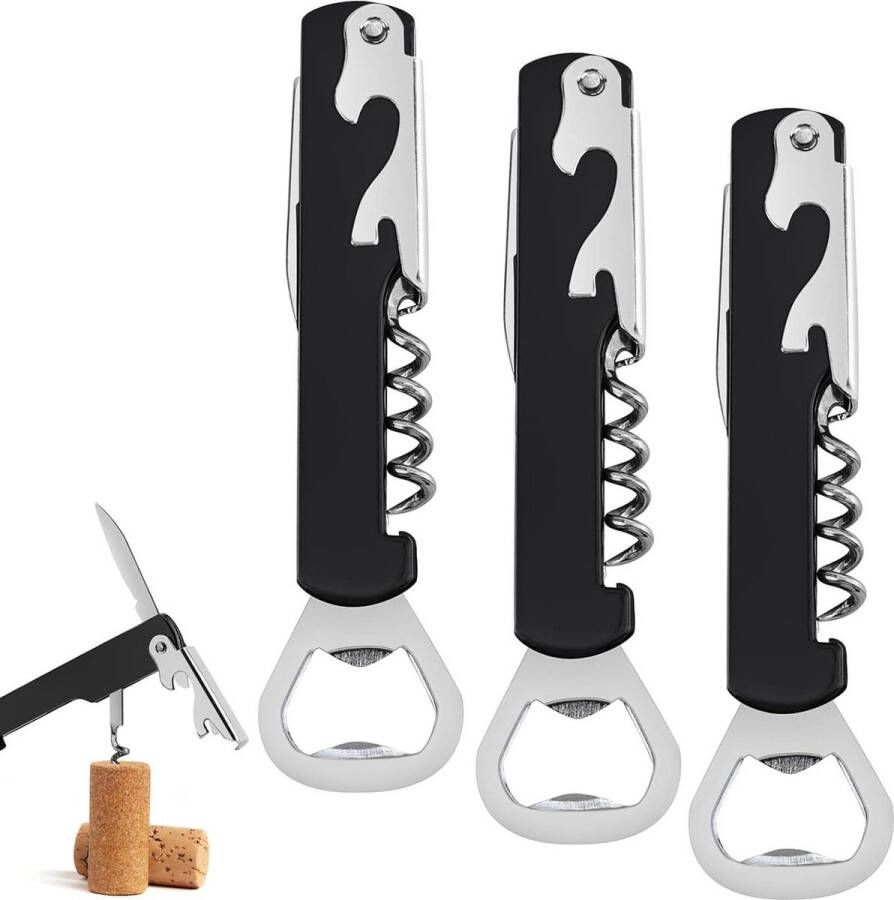 Kurkentrekker 3 stuks professioneel kelnermes roestvrij staal dubbele hendel opener flessenopener