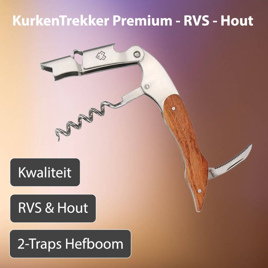 Kurkentrekker Premium Kelnersmes- Hoge kwaliteit Hout RVS Bieropener Wijnopener Flesopener Mesje Multifunctioneel Duurzaam Keukengerei