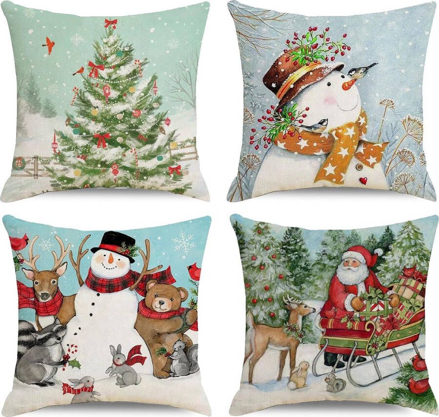 Kussenslopen Kerstmis 45 x 45 cm set van 4 sneeuwpop kussenslopen Kerstmis winter decoratie Kerstmis patroon katoen linnen gooien kussenslopen groen grijs