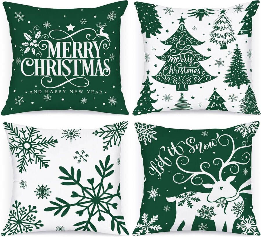 Kussenslopen voor kerst 4 stuks wit en groen 40 x 40 cm winterse sneeuwvlokken decoratieve kerstkussens voor kerstdecoratie kerstbeddengoed bankdecoraties (groen)