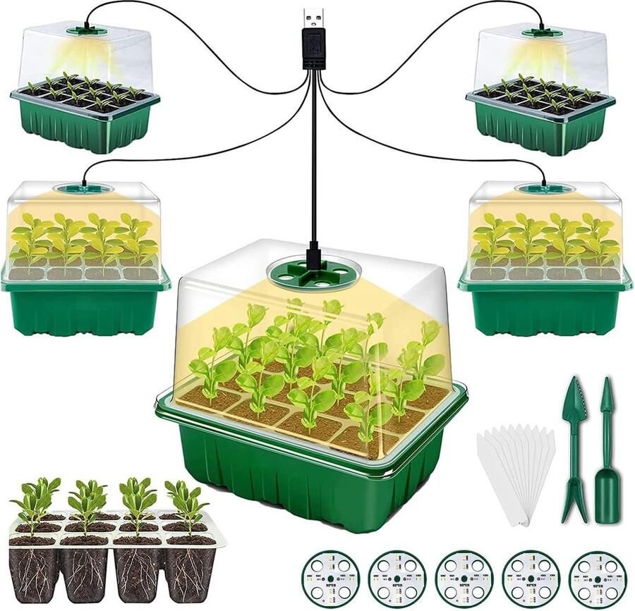 Kweekbak 5 stuks 60 cellen mini-broeikas met verlichting kweekschaal zaailingen en plantenkieming Kweekbak