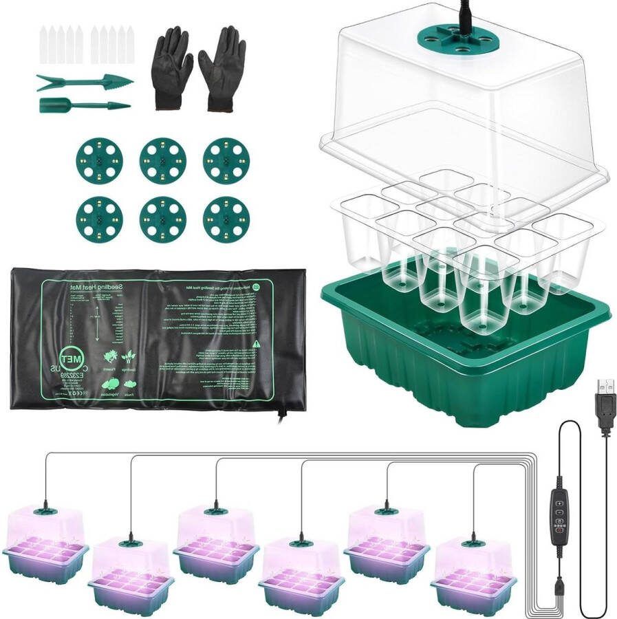 Kweekbak timing-controller zaailingen warmtemat 6 stuks mini-broeikas met ledlicht starter kweekschaal planten Kweekbak
