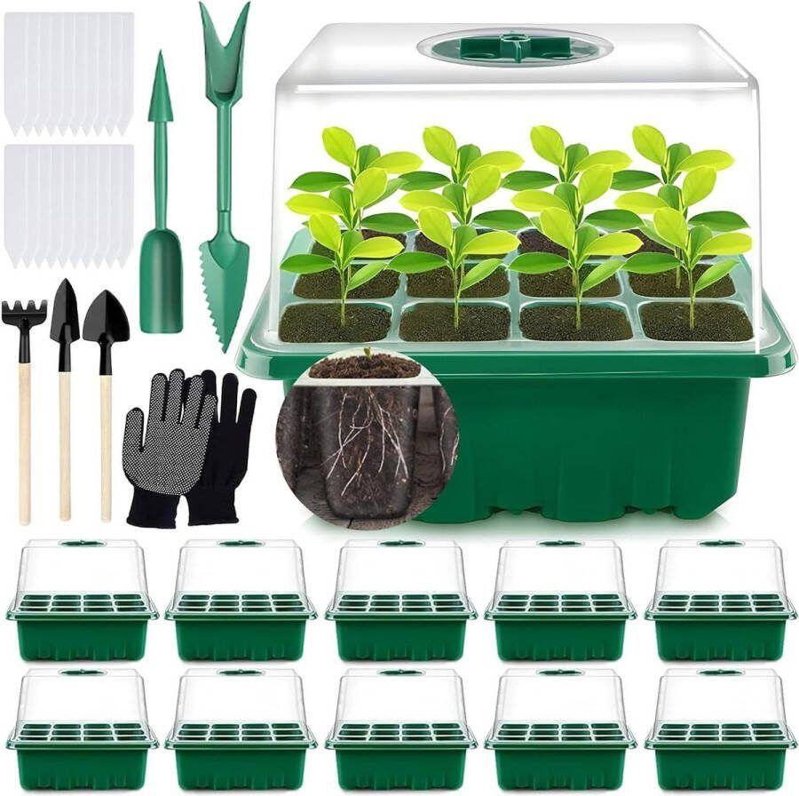 Kweekdoos voor Binnenkas Zaailingplanten 10 Stuks 120 Cellen Mini kas Kweekset met 2 Tuingereedschap 3 Schoppen 20 Labels Broeikas Kweekbak met Hoger Deksel Kweekbak