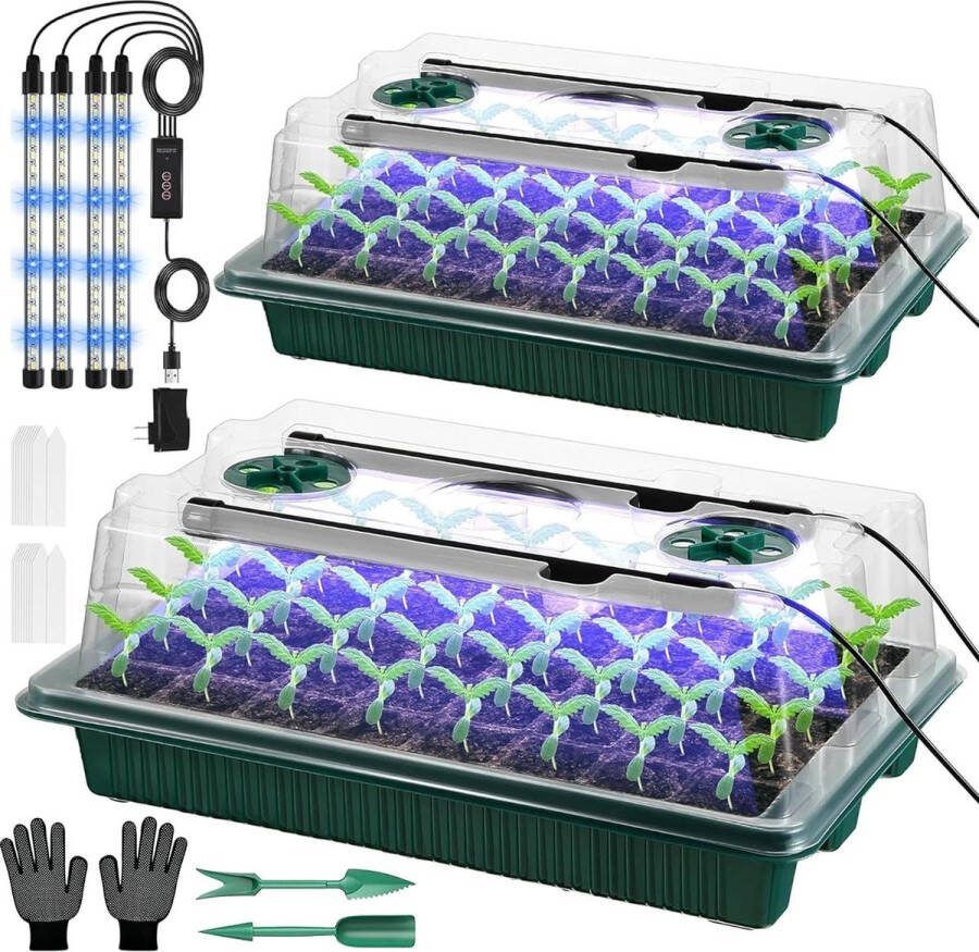 Kweekkas kweekbak 2 stuks 80 gaten mini broeikas kweekset met plantenlamp kweekplaat met timercontroller instelbare helderheid 20 plantenetiketten zaailingen planten Kweekbak