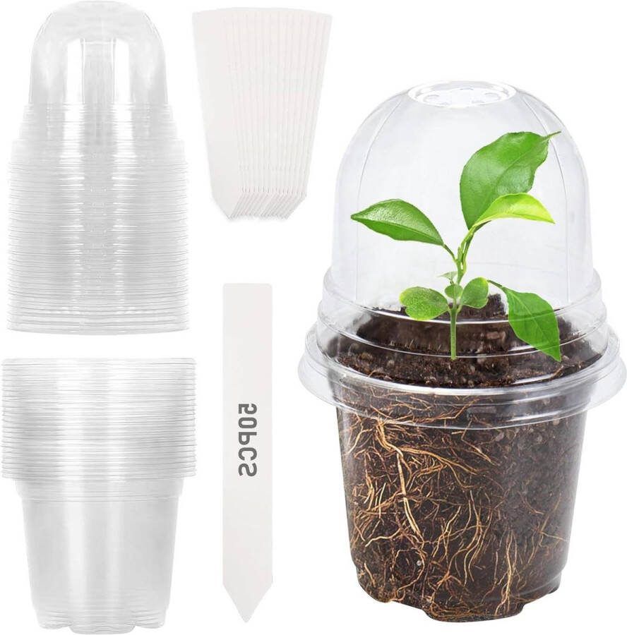 Kweekpotten met vochtkoepel 10 cm Plastic bloempotten met afvoergaten 50 stuks Plantenpot voor bloemplanten Inclusief plantenetiketten