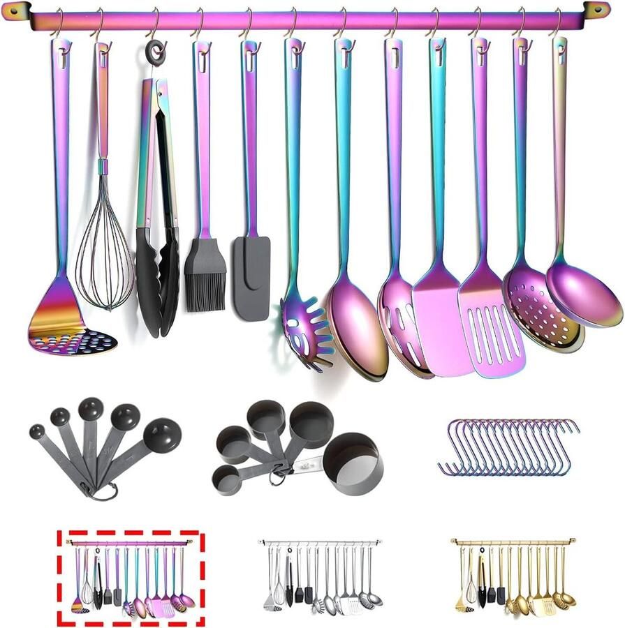 Kyraton Regenboog Kookgerei Set 37 stuks Roestvrij Staal Titanium Keukengerei Keuken Gadgets Keukengereedschap Keukenhouder Non-stick Hittebestendig Vaatwasser veilig Gemakkelijk schoon te maken