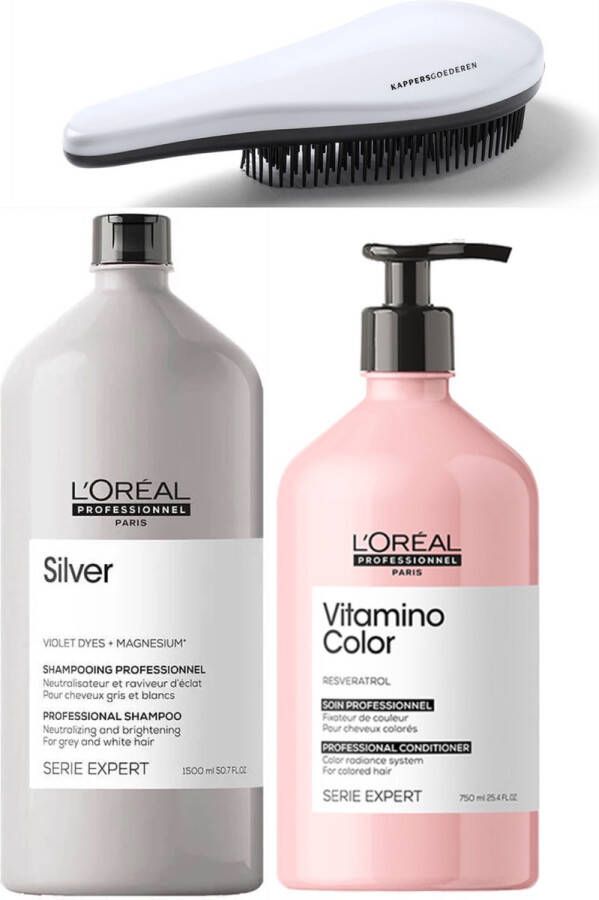 L Oréal Professionnel 1L + 750ML Silver Shampoo + Vitamino Colour Conditioner + KG Ontwarborstel Voor Wit En Grijs Haar