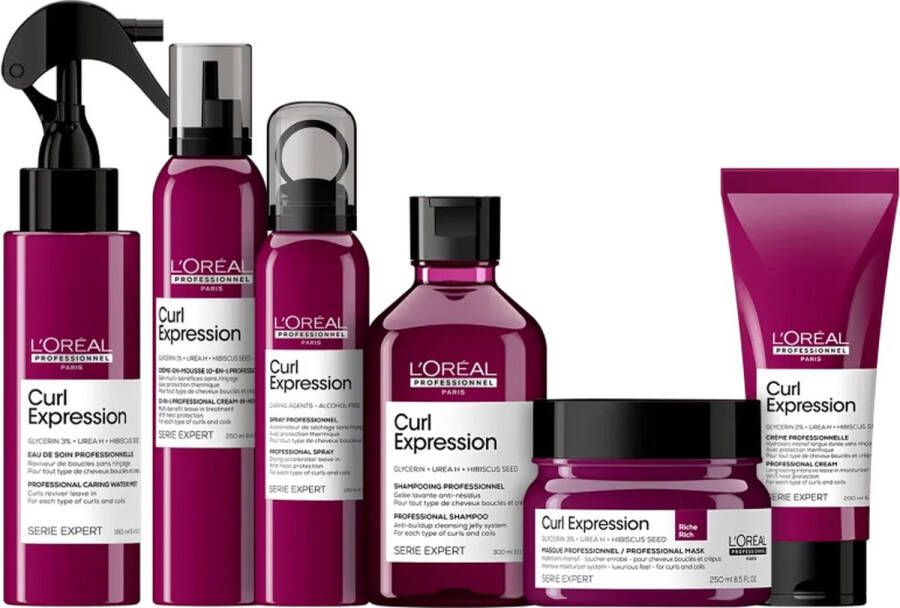 L Oréal Professionnel Curl Expression Full Set Anti-Buildup Shampoo + Masker Riche + 10-in-1 Mousse + Leave in Conditioner + Drying Accelerator + Curls Reviver Serie Expert Giftset Krullend Haar Pakket Serie Expert