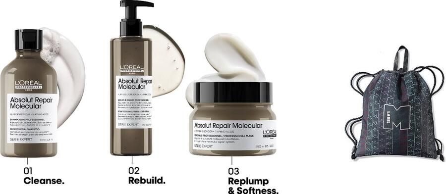 L Oréal Professionnel – Serie Expert Absolut Repair Molecular Shampoo Rinse Off Serum Haarmasker + Gratis Label M Tas