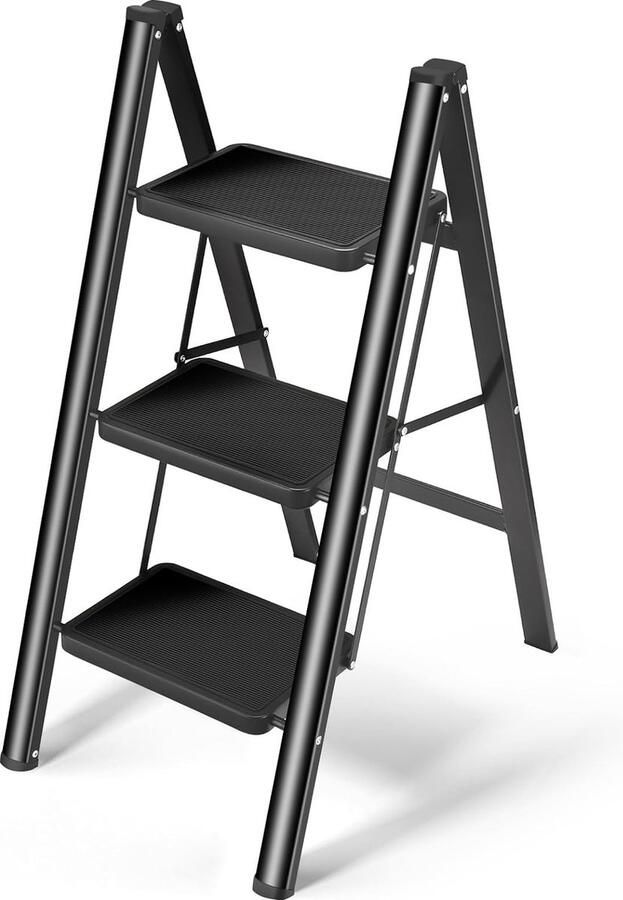 Ladder 3 treden inklapbaar trapladder met breed anti-slip pedaal opstapkruk met 150 kg capaciteit zwart. Vertaling: Inklapbare ladder met 3 treden trapladder met breed anti-slip pedaal opstapkruk met een capaciteit van 150 kg zwart