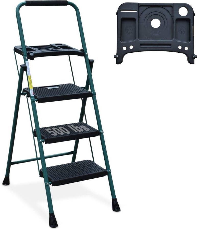 Ladder 3 treden met gereedschapsplatform breed anti-slip pedaal robuuste stalen ladder comfortabele handgreep lichtgewicht 150 kg draagbare stalen kruk groen