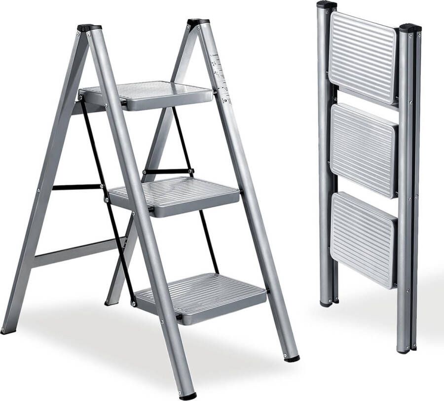 Ladder 3 treden Opvouwbare trapladder met brede antislip pedaal Huishoudtrap Maximale belasting 150 kg Draagbare stalen trapladder Zilvergrijs