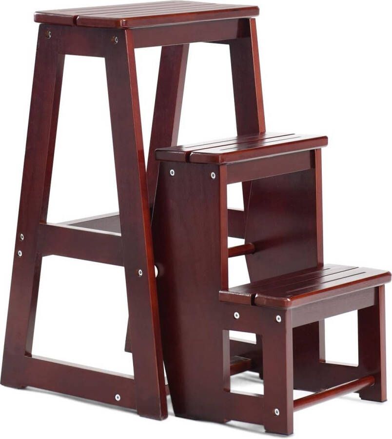 Ladderstoel 3 treden opstapkruk inklapbaar krukladder van grenenhout trapladder huishoudladder houten trap draagvermogen 130 kg kleurkeuze (bruin)