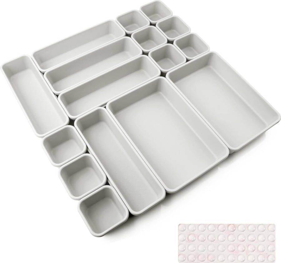 Lade-inzetstukken 16 stuks scheidingssysteem kruidenorganizer lade scheider badkamerorganizer dozenset met siliconen antislipkom Hemness commode keuken bureau accessoires (lichtgrijs)