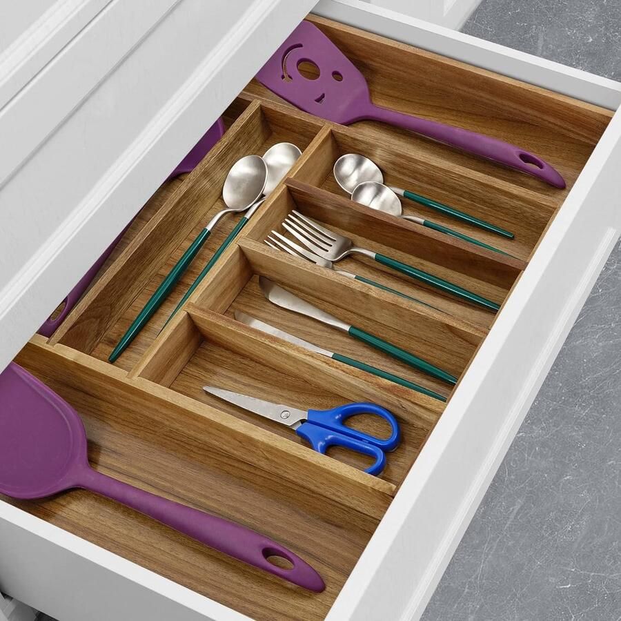 Lade Organizer voor Bestek Verstelbaar Acacia Houten Bestek Caddy Messen Vorken Lepels 6-8 Slots