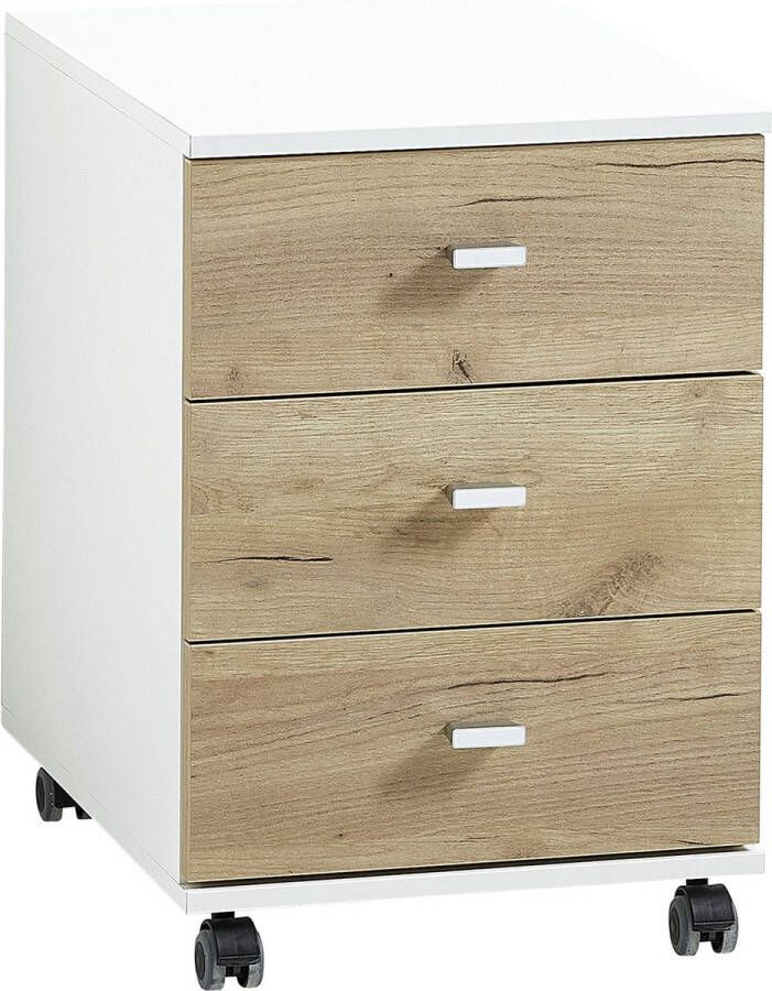 Ladeblok Kreta Eiken Wit Met wielen Met lades Breedte 40 cm Diepte 49 cm Hoogte 57 cm