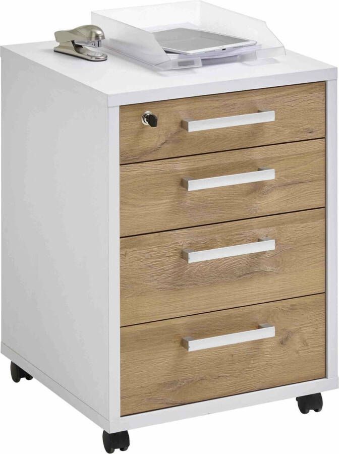 Ladeblok Nereus Eiken Wit Met wielen Met slot Met lades Breedte 48 cm Diepte 49.5 cm Hoogte 65.5 cm