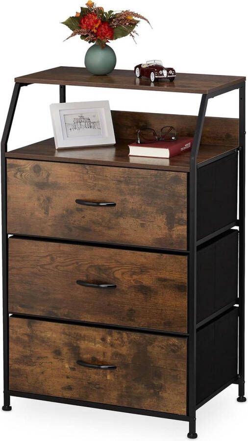 Ladekast industrieel met 3 lades 2 planken voor boeken en decoratie afmetingen 96.5x61x42 cm bruin zwart Ladeblok