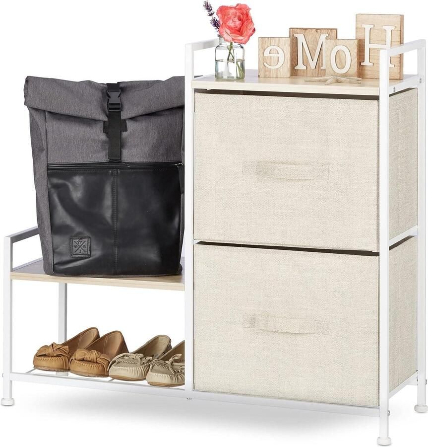 Ladekast met 2 stoffen lades Metaal en hout Ladeblok Ladesysteem 76 x 84 x 29 cm Beige Ladeblok