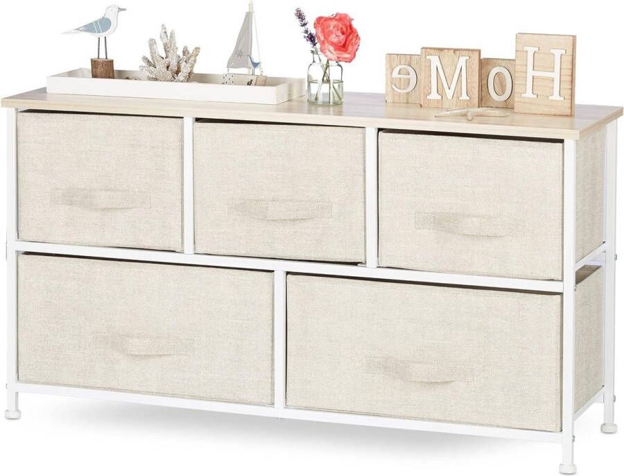 Ladekast met 5 stoffen lades Metaal en hout Ladeblok Commode ladesysteem HBD 545 x 100 x 30 cm Beige Ladeblok