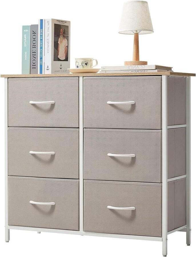 Ladekast met 6 Stoffen Ladekasten Opbergtorens voor Slaapkamer Woonkamer Gang Slaapzaal Kantoororganisatie Stalen Frame Houten Blad Lichtgrijs Ladeblok